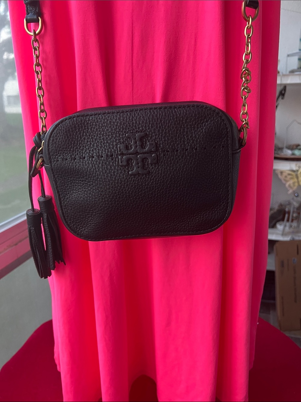 Tory Burch Black Pebbled Leather Tassel Crossbody with Gold Chain